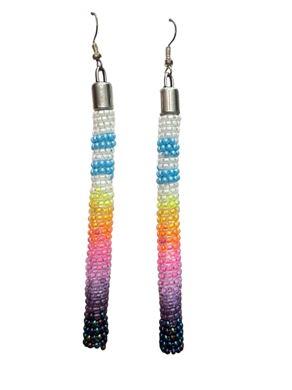 Handmade Native Multicolor Beaded Drop Earrings Blue, Pink & Purple